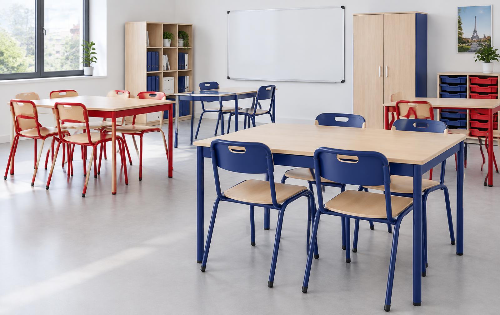 Salle de classe aménagée avec le mobilier Mobidécor — tables, chaises colorées et rangements